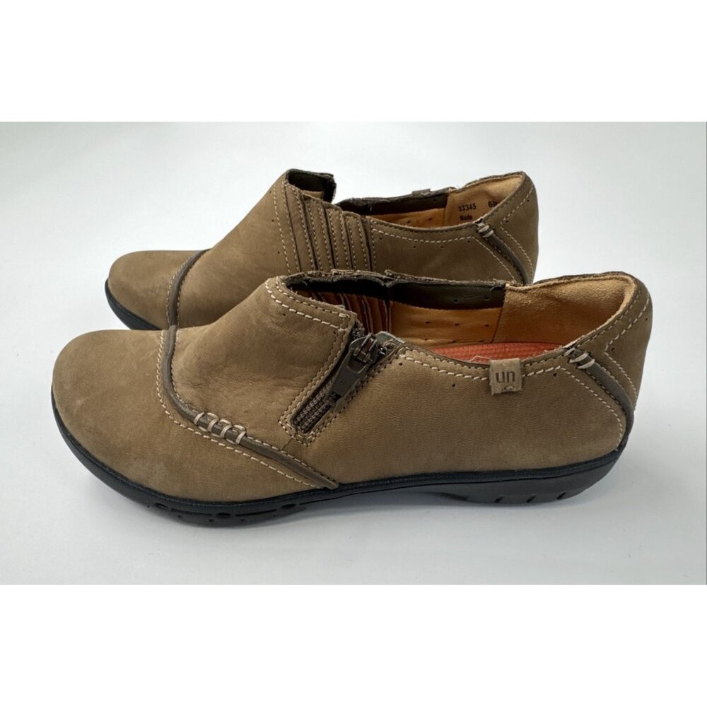Unstructured Clarks Shoes Womens 6.5 Tan Leather Cushioned Zip Slip On Loafers